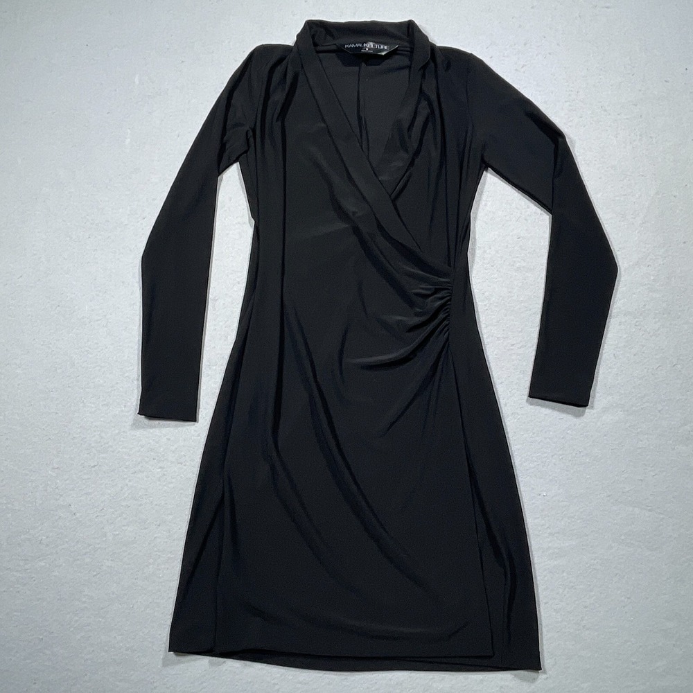 KamaliKulture Dress Women Small Wrap Front Long Sleeve Black Jersey Quiet Luxury